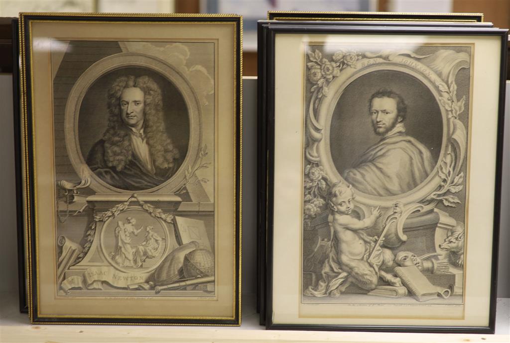 After Houbraken, a set of eight framed engravings, Portraits of Notables including Isaac Newton, Ben Johnson and Walter Raleigh, 38 x 2